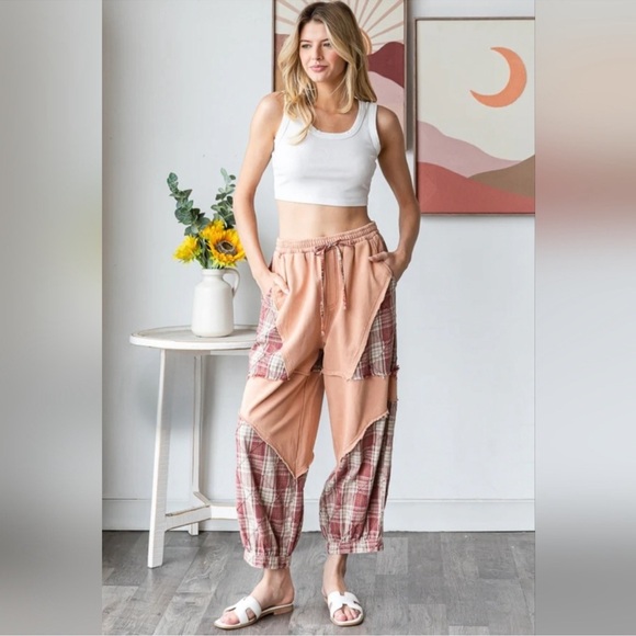 🧡🧡 Oli & Hali Washed Plaid Mixed Terry Detail Pants - Picture 1 of 5